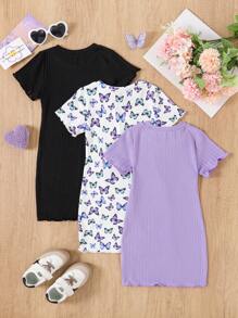 3pcs Young Girl Butterfly Print Solid Color Bodycon Cute Short Sleeve Dress Set