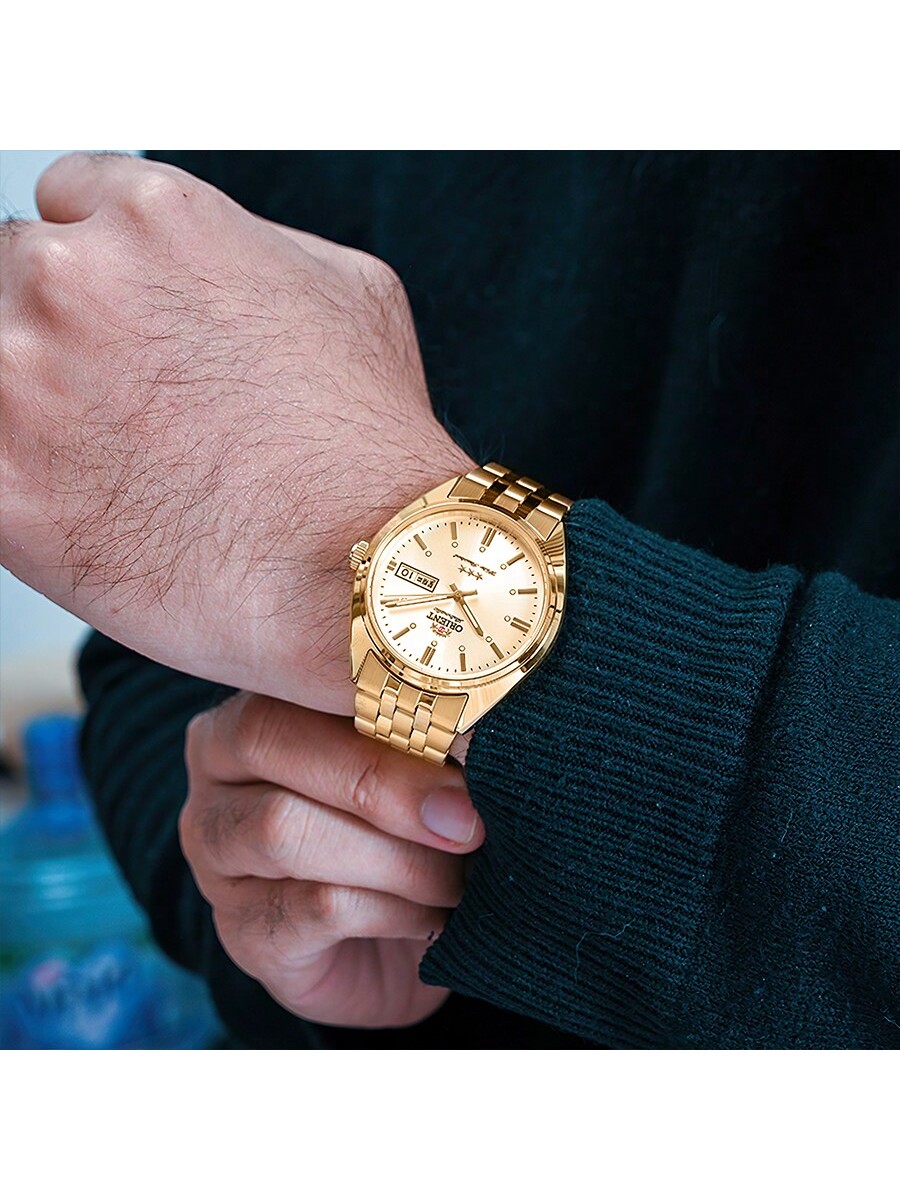 Men's 3-Star Gold Tone Automatic Mechanical Watch, Retro Business Small Gold Timepiece With Date, Model RA-AB0E05