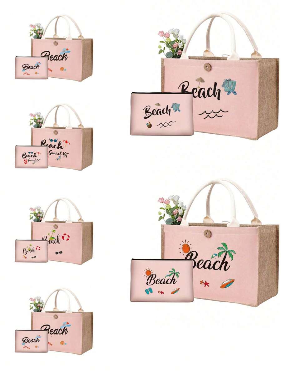 2pcs Portable Multifunctional Tote Bags, Large Capacity Shopping Handbag Travel Beach Bags, For Portable Casual Storage Handbag - Multicolor - View 1