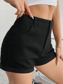 Women's Stretchy Plain Black Color Denim Shorts, Fashionable Slim Fit High Waist Jean Shorts, Casual Street Style, Summer Essential - Black - View 3