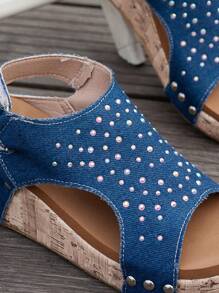 女士夏季新款厚底坡跟凉鞋，蓝色时尚水钻铆钉圆头舒适轻便厚底增高复古休闲鞋 - 藍色 - 查看 6