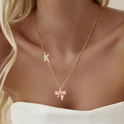 1 件装全新水晶蝴蝶结密镶锆石字母吊坠金色不锈钢珠链项链女式