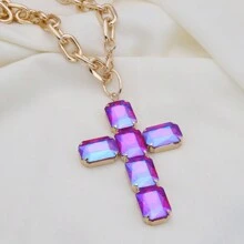 Retro Oversized Pearl Necklace With Big Glass Cross Pendant, Fashion Jewelry For Women, Christmas Gift