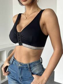 1 pièce Soutien-gorge noir sans armature à micro-côtes pour femmes, à fermeture frontale, sexy et confortable
