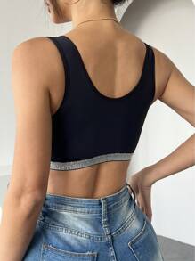 1 pièce Soutien-gorge noir sans armature à micro-côtes pour femmes, à fermeture frontale, sexy et confortable