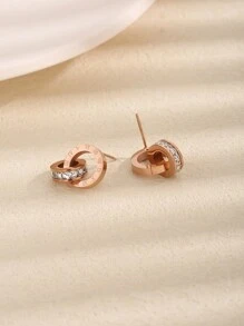 1 对不锈钢方形水钻三色罗马数字双环耳环，时尚日常佩戴 - 玫瑰金 - 查看 3