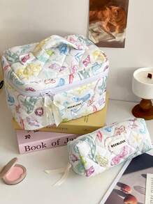1Pc/Set Colorful Marine Life Pattern Quilting Cosmetic Bag, Vibrant Marine Life Print Cosmetic Pouch, Macaron Color Versatile Makeup Bag Set, Large Capacity Kawaii Toiletries Bag Set With Handle Makeup Travel Toiletry Organizer Essentials Gifts Storage Zipper Accessories Nail