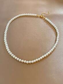 1pc Vintage French Style White & Pink Faux Pearl Necklace, Simple Choker