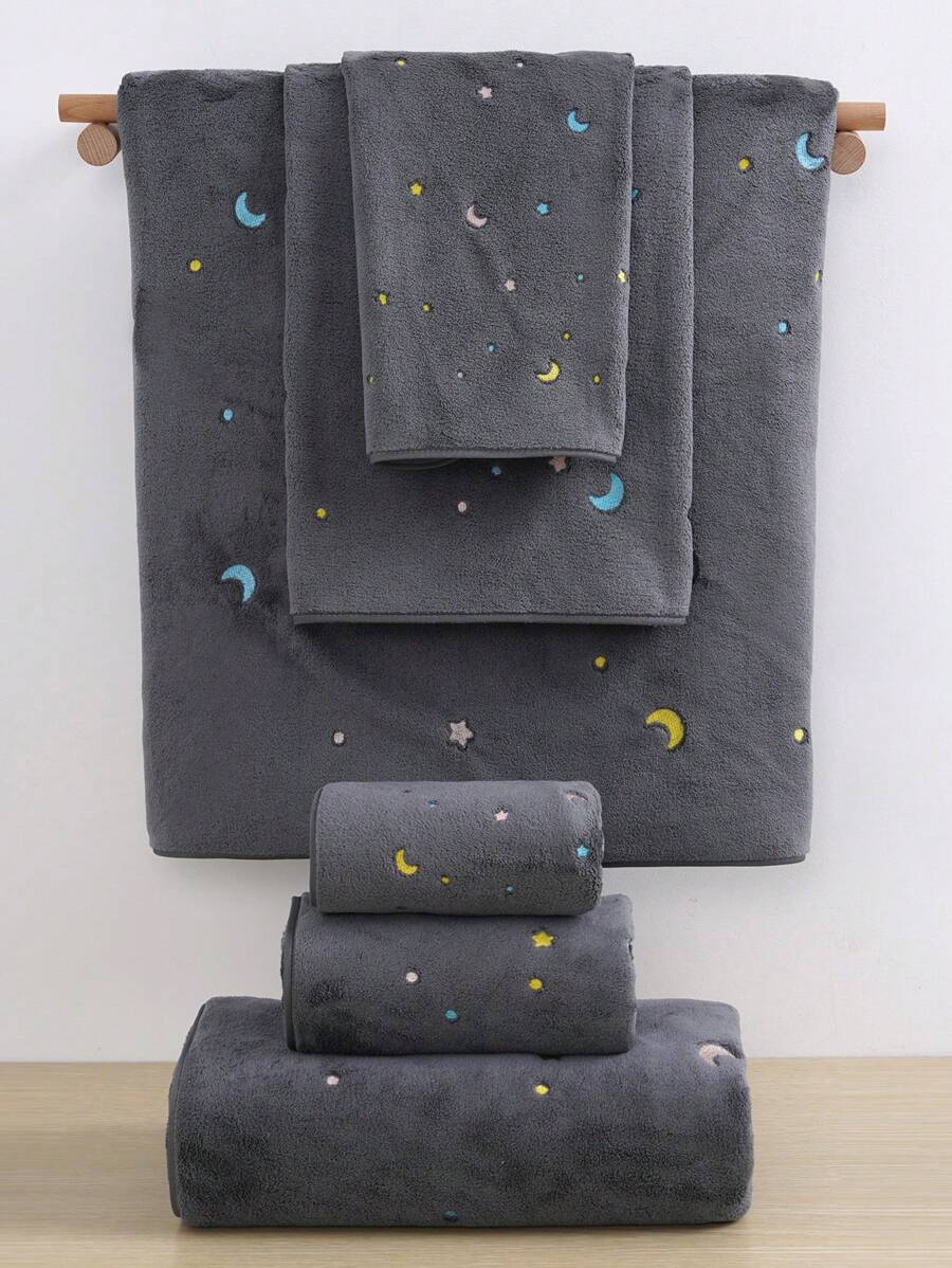 1/2件珊瑚絨刺繡「星空」超細纖維浴室毛巾或臉巾，居家手巾，時尚浴巾，柔軟親膚浴室毛巾，居家浴室裝飾