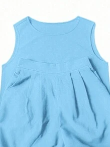 2pcs Set Plain Casual Pants And Tank Top - Blue - View 3