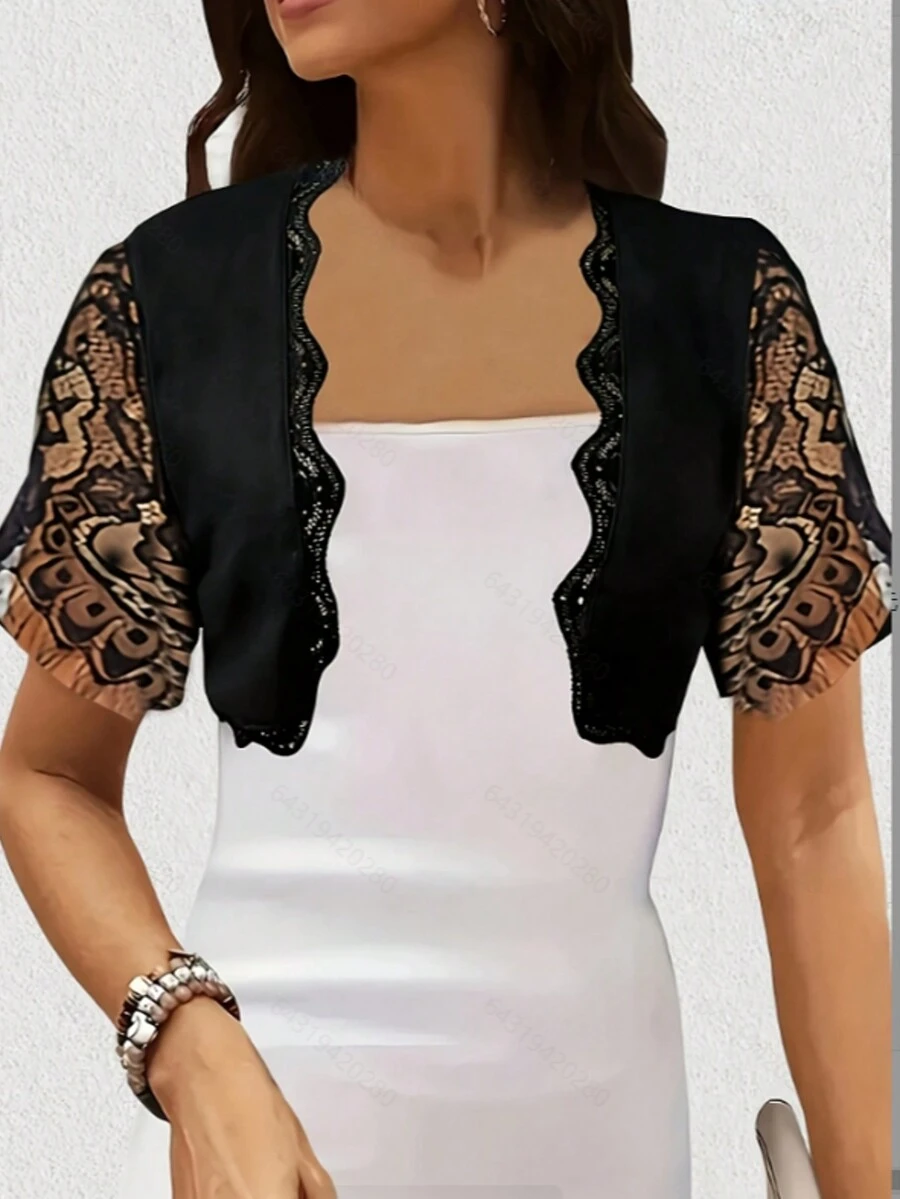 夏季针织轻薄罩衫，无袖罩衫披肩短款上衣，女士 - 黑色 - 查看 1