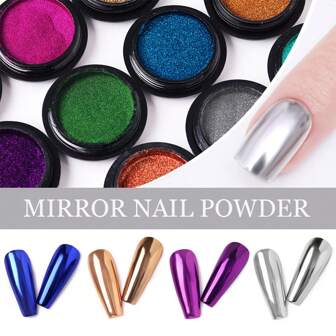 1 件金色和银色镜面激光指甲粉，15 种颜色美甲闪光玫瑰金香槟铬粉 UV 凝胶抛光 DIY 指甲首饰配件