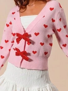 Women's Cropped Knit Cardigan Heart Pattern Long Sleeve Bow Button V-Neck Sweater For Spring, Fall - Pink - View 4