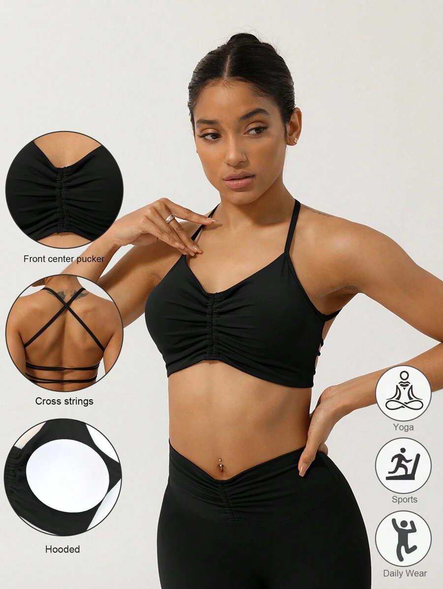 Sodalemon 健身跑步美背加垫户外交叉背部休闲健身运动胸罩 - 黑色 - 查看 1