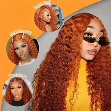 Water Wave Ginger Lace Front Wigs Human Hair 13x6 #350 Colored Wigs Brazilian Human Hair Deep Curly Wigs Orange Ginger 200 Density - Ginger & Orange - View 4