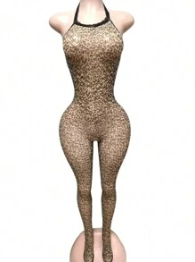 Premium Spitzen Sexy Lingerie Leopard Schritt-freie Bodys Strumpfhosen für Frauen mit gemusterten Durchsichtige Strümpfe transparente Strümpfe