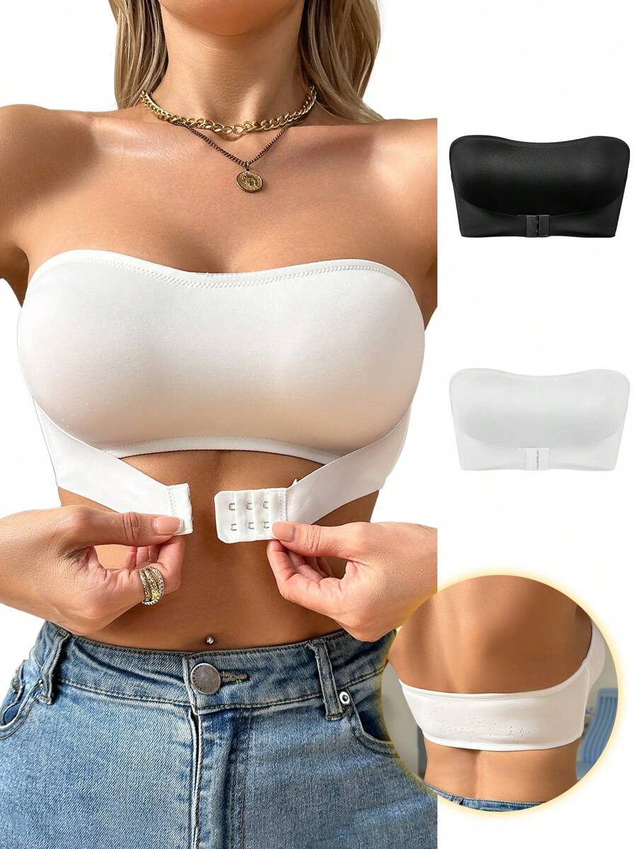 SHARICCA 2pcs Wireless Strapless Front Buckle Bandeau, Non-Padded Breathable Comfortable Push-Up Bra - Multicolor - View 1