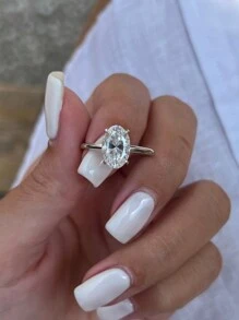 1pc 925 Sterling Silver Shiny Oval Engagement Ring/Wedding Ring, Women's Promise Ring/Eternity Ring, Exquisite Jewelry Gift - Silver - View 4