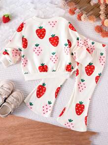 2pcs Baby Girls' Cute Fruit Pattern Long Sleeve Sweatshirt + Pants Set, Lightweight For Spring & Autumn