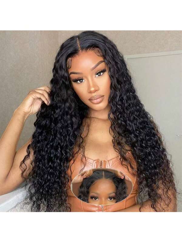 Water Wave Lace Front Wigs Cabelo Humano Pré-arrancado Nós descoloridos Peruca sem cola 5X5 Pré-cortado Lace Closure Use e vá Perucas sem cola para mulheres 180% Densidade Peruca molhada e ondulada Natural Preto