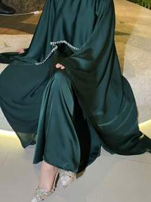 Satin Cape Elegant Dress , Occasion Abaya , Modest Dress With Pearl And Crystal - Green - View 7