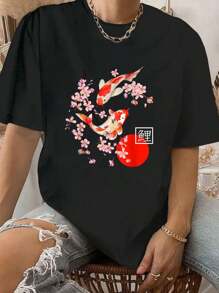 100% Cotton Cherry Blossom Koi Carp Fish Japanese Sakura Graphic Art T-Shirt.Jpg - 黑色 - 查看 1