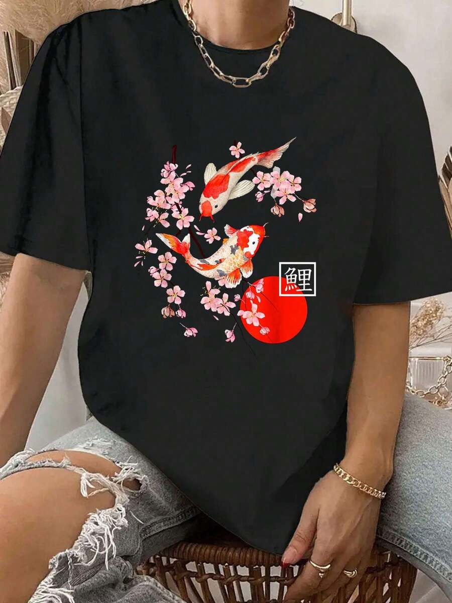 100% Cotton Cherry Blossom Koi Carp Fish Japanese Sakura Graphic Art T-Shirt.Jpg - 黑色 - 查看 1