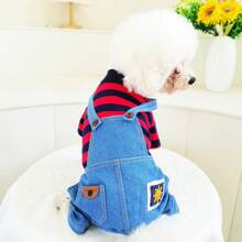 Salopette en denim bleu clair rayé pour animaux de compagnie, combinaison pour chiens et chats - Rouge - Voir 2