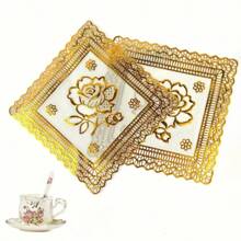 10pcs/Set- Elegant Golden Foil Rose Coasters Set - Soft, Easy-Clean PVC For Home Decor, Perfect For Afternoon Tea & Party, For Spring ! Gifts Birthday Graduation - Gold - View 3