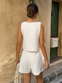 Women's Square Neck Loose 2 Pieces Set, Mimics Linen - Apricot - View 2