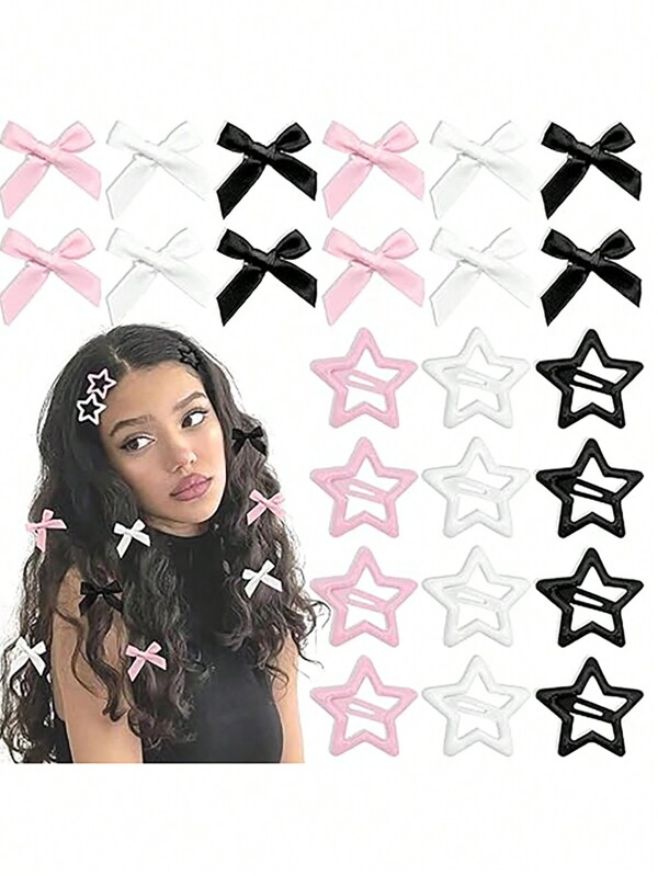 24pcs Bowknot Hair Clips, 3 Colors Star Hairpins, Satin Mini Hair Clips, Y2K Star Hair Accessories, Bowknot Star Metal Hair Clamps, Suitable For Women & Girls, Claw Clips, Hair Slide, Hair Claws