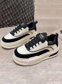 Zapatillas deportivas para mujer,  Zapatillas de cuña para mujer, zapatillas de cuña para mujer, Zapatillas de deporte de PU, cómodas y modernas zapatillas de suela gruesa, zapatillas simples con cordones,zapatillas de tacón alto a la moda, Ideal para uso casual y correr. - Negro - Ver 8