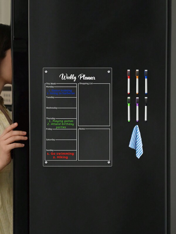 Tableau de planification hebdomadaire en acrylique transparent magnétique, autocollant magnétique effaçable pour le réfrigérateur (6 stylos blancs pour tableau blanc aléatoires et 1 chiffon de couleur aléatoire inclus!) Meilleurs cadeaux