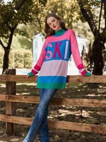 Women's 2024 Fall Winter Oversized Color Block Ski Sweaters: Cozy Crewneck Tops In S - 2XL - Màu Hồng Tươi - Xem 4