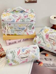 1Pc/Set Colorful Marine Life Pattern Quilting Cosmetic Bag, Vibrant Marine Life Print Cosmetic Pouch, Macaron Color Versatile Makeup Bag Set, Large Capacity Kawaii Toiletries Bag Set With Handle Makeup Travel Toiletry Organizer Essentials Gifts Storage Zipper Accessories Nail