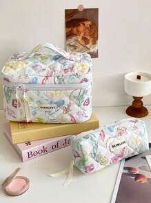 1Pc/Set Colorful Marine Life Pattern Quilting Cosmetic Bag, Vibrant Marine Life Print Cosmetic Pouch, Macaron Color Versatile Makeup Bag Set, Large Capacity Kawaii Toiletries Bag Set With Handle Makeup Travel Toiletry Organizer Essentials Gifts Storage Zipper Accessories Nail