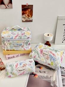 1Pc/Set Colorful Marine Life Pattern Quilting Cosmetic Bag, Vibrant Marine Life Print Cosmetic Pouch, Macaron Color Versatile Makeup Bag Set, Large Capacity Kawaii Toiletries Bag Set With Handle Makeup Travel Toiletry Organizer Essentials Gifts Storage Zipper Accessories Nail