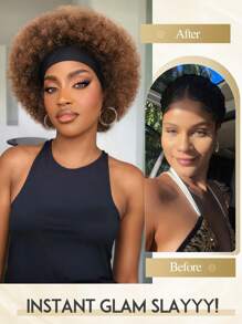 Peluca diadema con estilo afro corto, rizado y rizado para mujeres, peluca afro natural negra sin pegamento con diadema incorporada, peluca rizada con diadema sintética para mujeres, peluca afro con pañuelo - Marrón - Ver 10