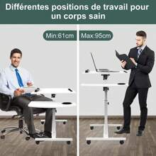 Bureau d'ordinateur inclinable 180° et hauteur réglable 61-95cm, Table d'appoint avec deux plateaux 40x40+40x20cm, Bureau Debout multi-usage avec bande antidérapante / fente de tablette / Porte-tasse, Facile à déplacer avec Roulettes rotatif 360°, Gain de place, Couleur disponible: Chêne / Blanc /Noir, 60x40x95cm - Blanc - Voir 3