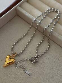 Collar de cadena con corazón y cuentas de acero inoxidable, resistente al agua y a la decoloración, de tono dual sencillo, adecuado para mujeres en San Valentín - En forma de corazón - Ver 3