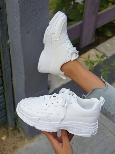 女士白色运动鞋，休闲运动鞋，厚底潮流鞋，防滑厚底皮革上层学生鞋