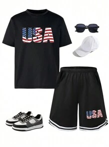 Tween Boy Sportswear Two-Piece Set, Casual And Versatile USA Letter Print Set, Suitable For Older Children