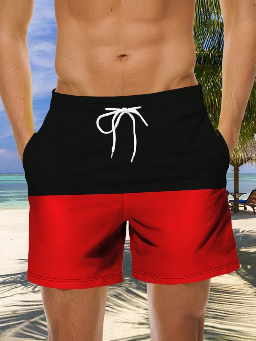 Men's 3D Summer Black And Red Panel Drawstring Beach Shorts - Multicolor - View 1