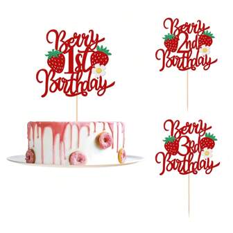 1pc Berry 1st 2nd 3rd Birthday Cake Topper With Flower Glitter Sweet Fruit Theme First Second Third Birthday Strawberry One Two Three Cake Pick For Strawberry Theme 1st 2nd 3rd Birthday Party Cake Decorations Supplies
