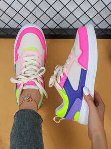 Dopamine-Inspired Fashionable Outdoor Skate Shoes, Lace-Up, Round Toe, Low-Top, Versatile, Suitable For Gift, Casual Wear, Party, Sports For Women - 彩色 - 查看 1