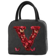 Insulation Lunch Bag Aluminum Foil Bento Pack For Work Large Capacity Cooler Bags Women Handbag Red Rose Initial Letter A-Z Print Lunch Box Portable Thermal Picnic Food Bag