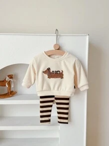 女婴两件套可爱腊肠犬刺绣长袖连帽衫 + 长裤，春夏