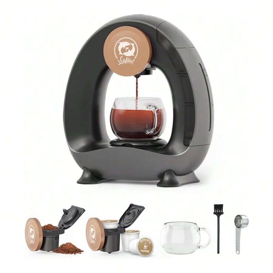 i Cafilas Single Serve Coffee Maker For K Pod& Ground Coffee, MINI Q Americano 2 In 1 Mini One Cup Coffee Brewer/Tea Maker With Coffee Filter/K Pod Adapter, 4-8 Oz Brew Sizes, Champagne/Pink/Grey Color