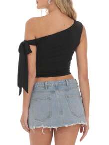 Tops sin mangas de mujer estilo Y2K con hombros descubiertos, unicolor, fruncidos, cropped, de ajuste ceñido, camisas de verano - Negro - Ver 5