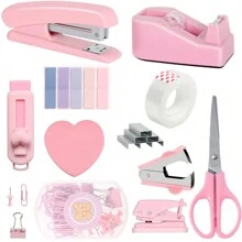 1 pieza Juego de papelería de escritorio tipo macarrón que incluye grapadora, dispensador de cinta, tijeras, perforadora, artículos escolares, útiles escolares - Multicolor - Ver 2
